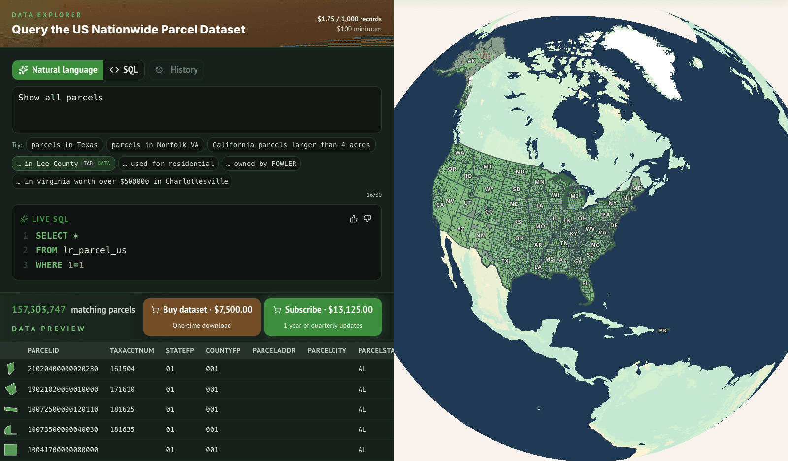 The Land Records data explorer showing parcel attributes.