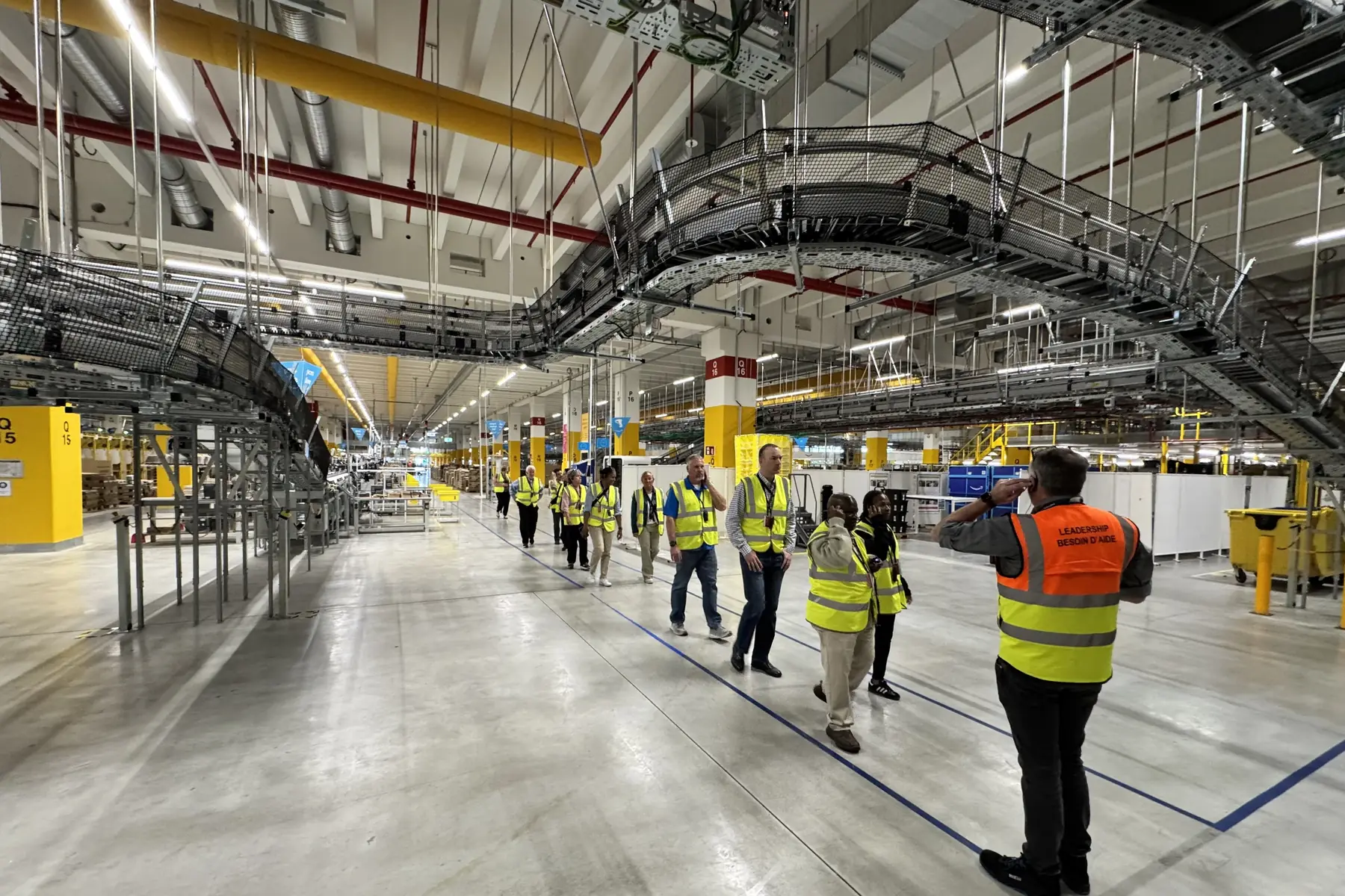 Overhead conveyor lines on the floor of an Amazon fulfillment center